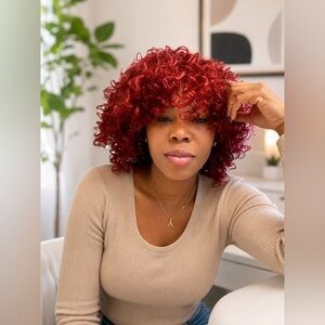 Burgundy Big Curly Bang Wig | Synthetic  | Everyday & Special Occasion Wig